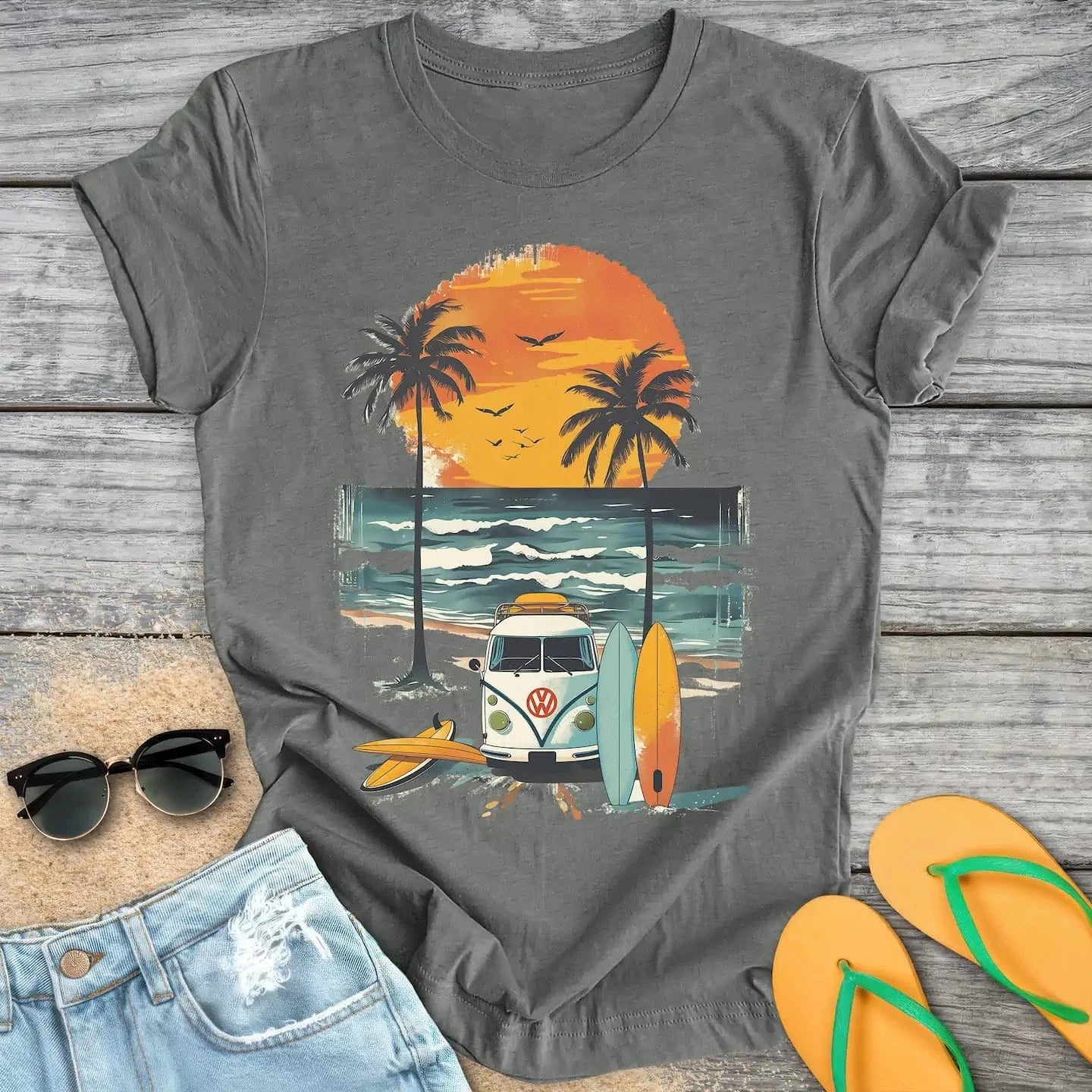 Vintage Surfboards And Beach Van