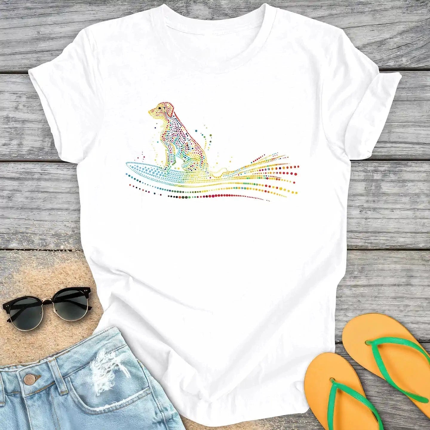 Surfing Dog Colorful Dots