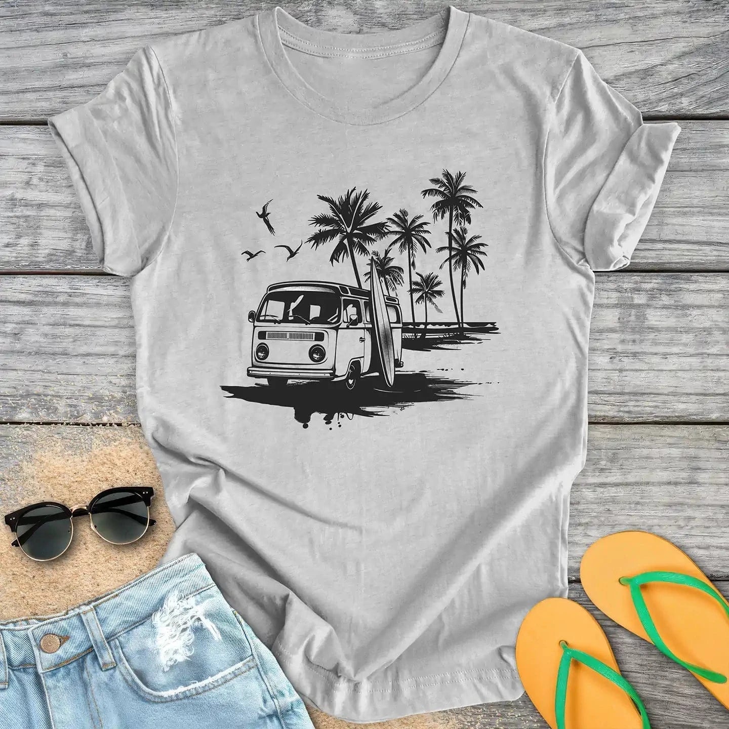 Surfer Van At The Beach Black & White