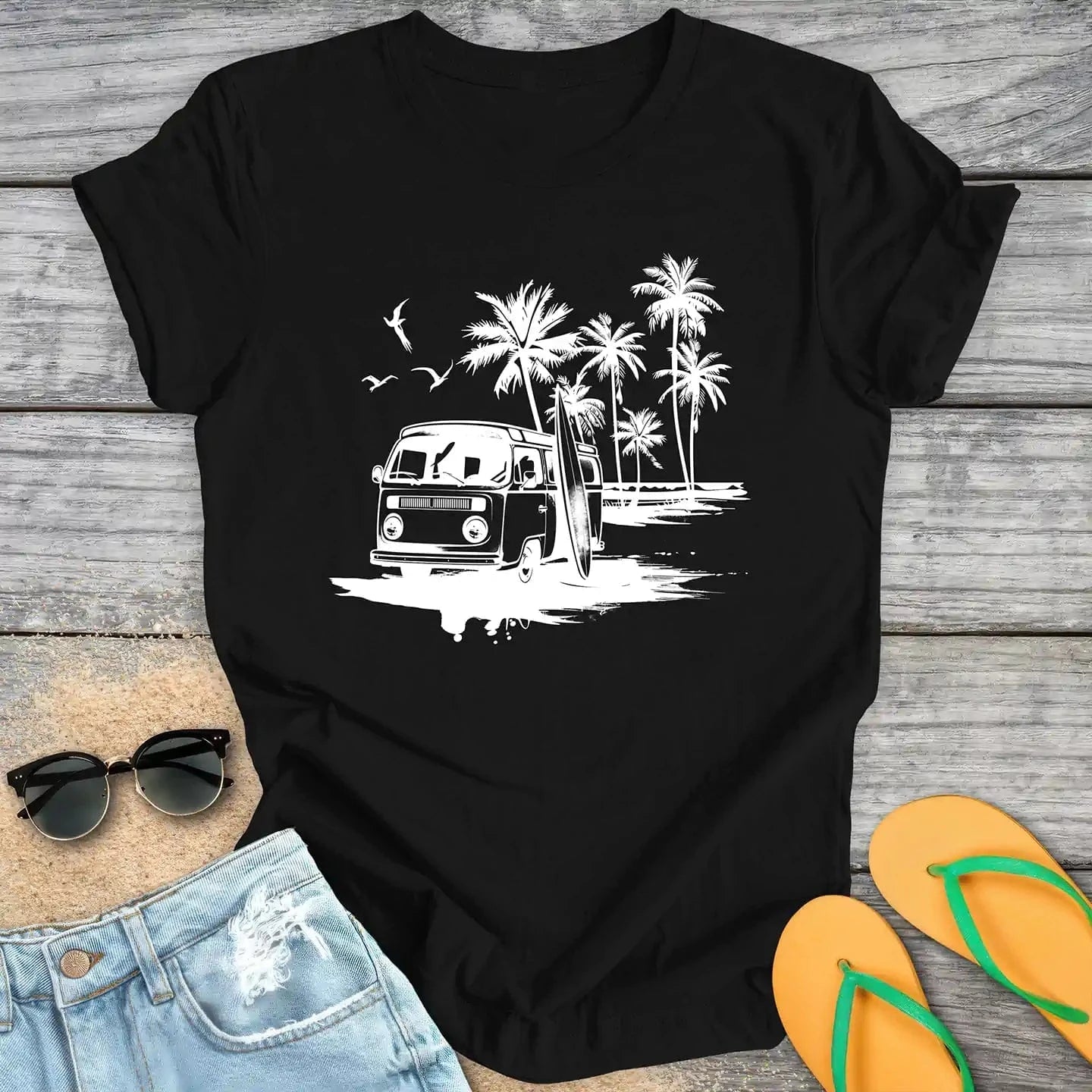 Surfer Van At The Beach Black & White