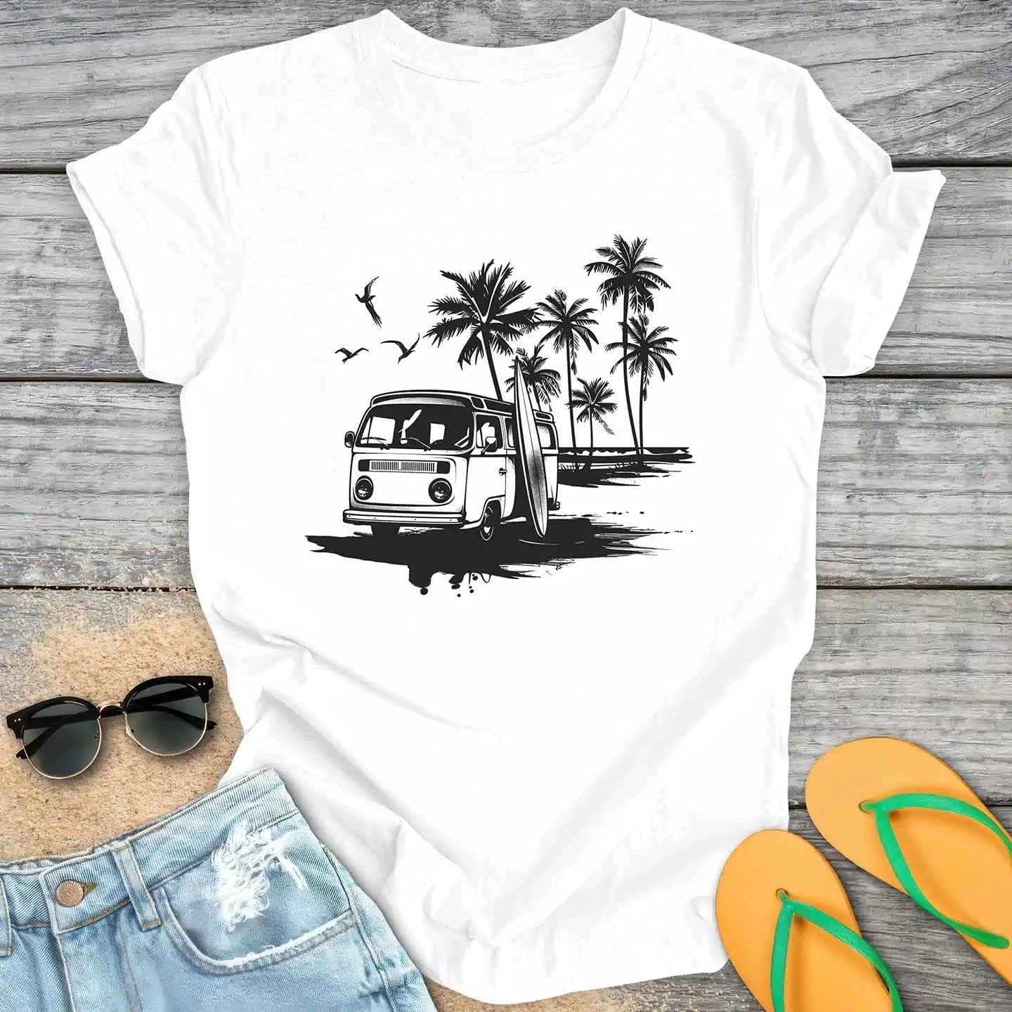 Surfer Van At The Beach Black & White
